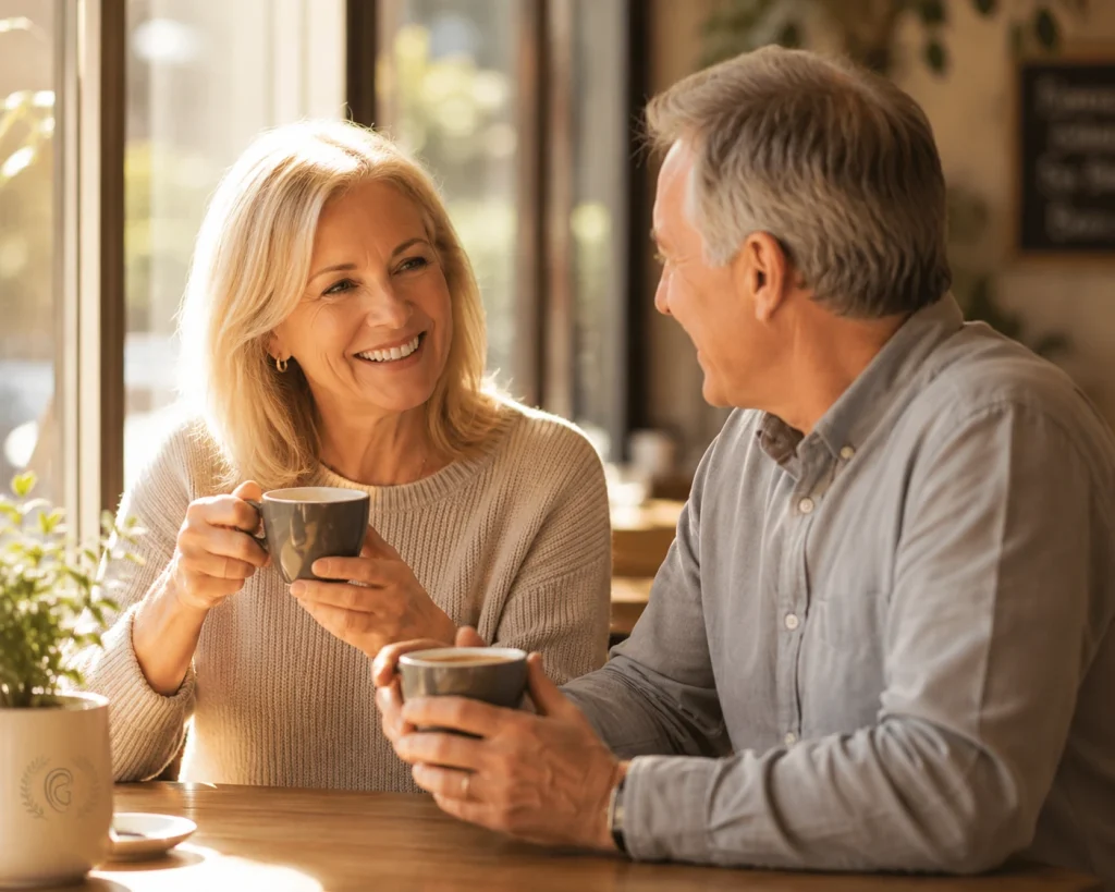 Couple enjoying a conversation over coffee with better hearing