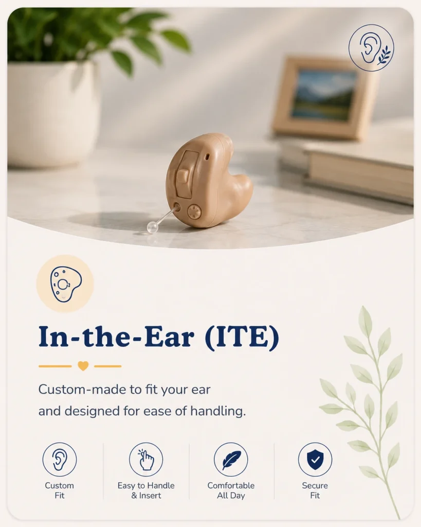 In-the-Ear (ITE) – Custom-made to fit your ear and designed for ease of handling.