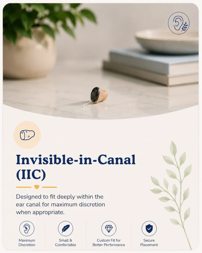 Invisible-in-Canal (IIC) – Designed to fit deeply within the ear canal for maximum discretion when appropriate.