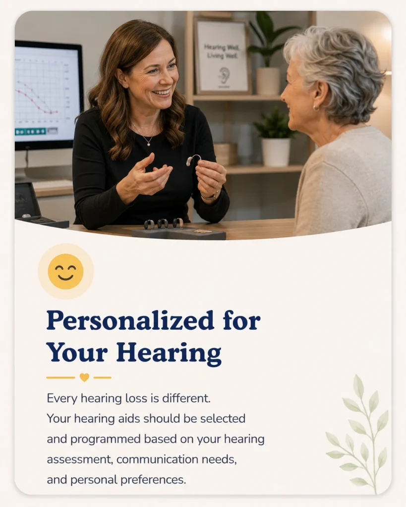 Personalized for Your Hearing

Every hearing loss is different. Your hearing aids should be selected and programmed based on your hearing assessment, communication needs, and personal preferences.