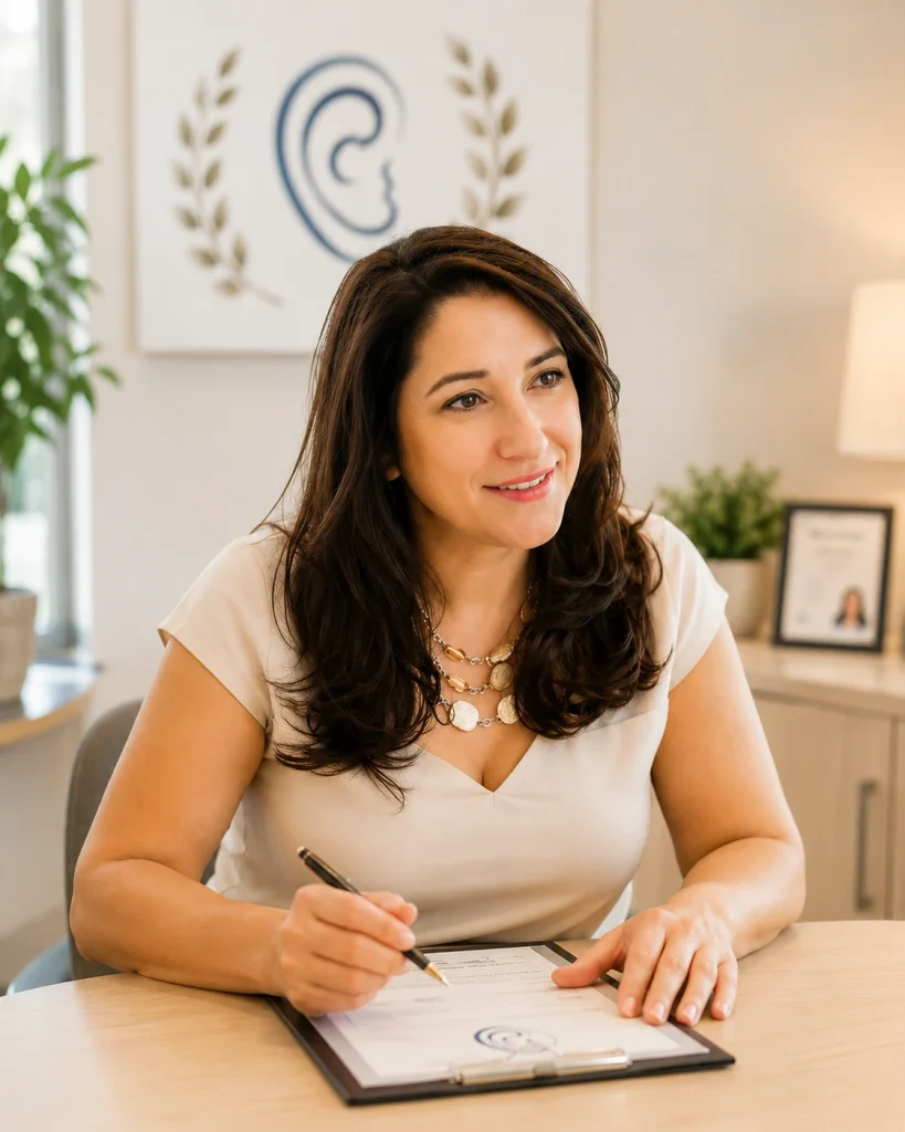 Sabrina DeToma, Doctor of Audiology, reviewing hearing assessment notes.
