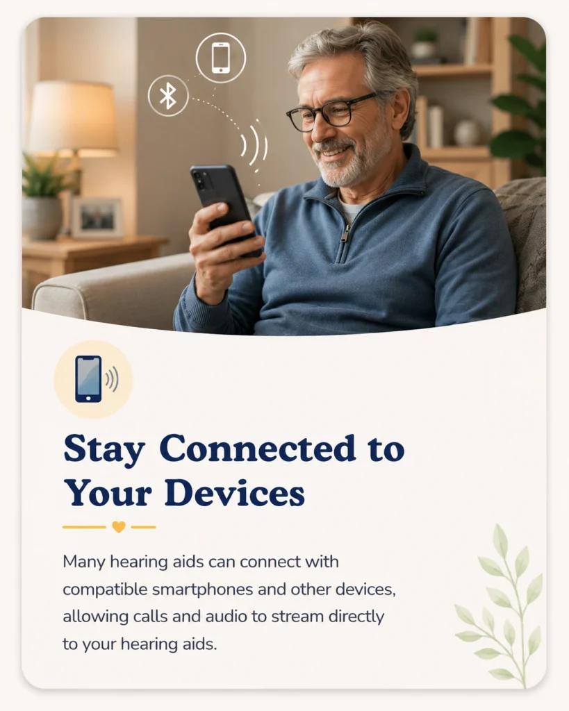 Stay Connected to Your Devices
Many hearing aids can connect with compatible smartphones and other devices, allowing calls and audio to stream directly to your hearing aids.