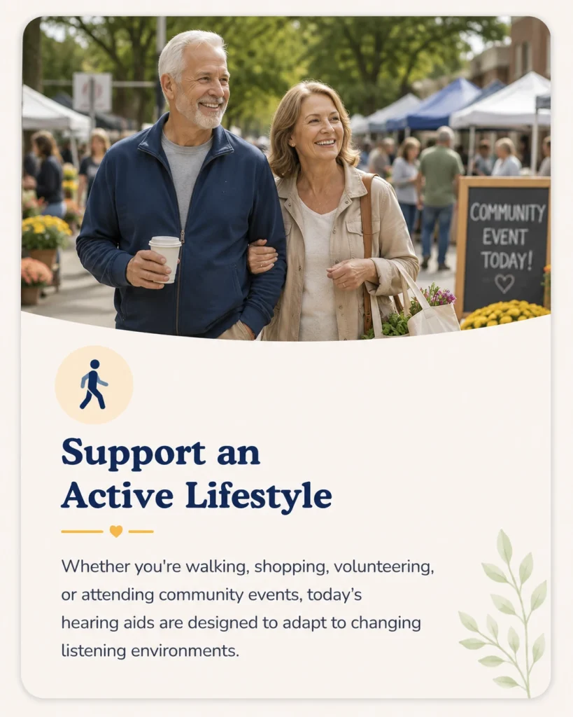 Support an Active Lifestyle

Whether you're walking, shopping, volunteering, or attending community events, today's hearing aids are designed to adapt to changing listening environments.